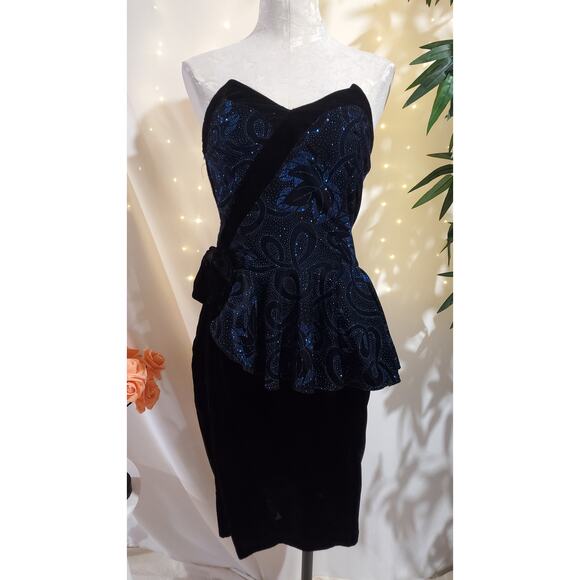 Gunne Sax Jessica McClintock Velvet Peplum Dress Womens Size 9 Bow Glitter - Picture 1 of 10